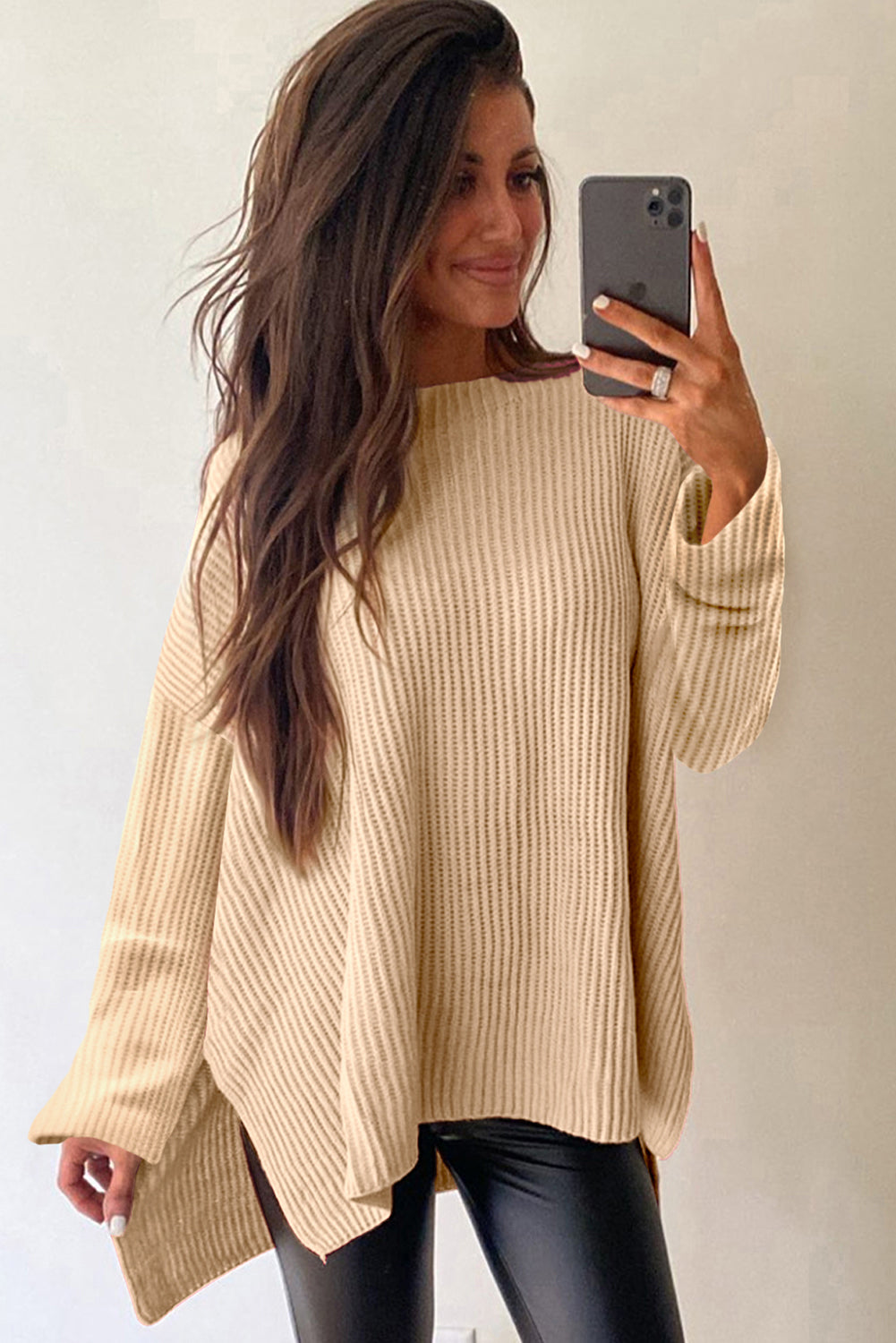 Apricot Plain Side Slits Oversized Sweater-True and Wild