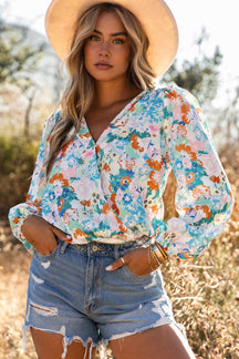 Light Blue Floral Print Boho Wrap V Neck Puff Sleeve Bodysuit-True and Wild