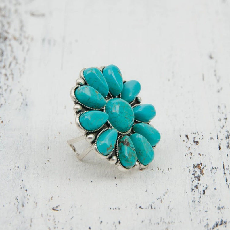 Artificial Turquoise Alloy Flower Ring-True and Wild