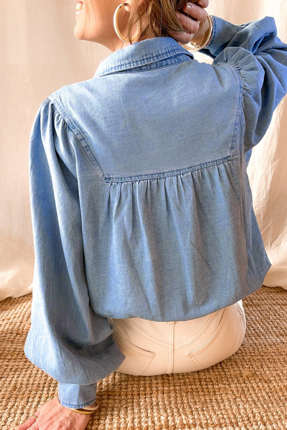 Collared Neck Lantern Sleeve Denim Top-True and Wild