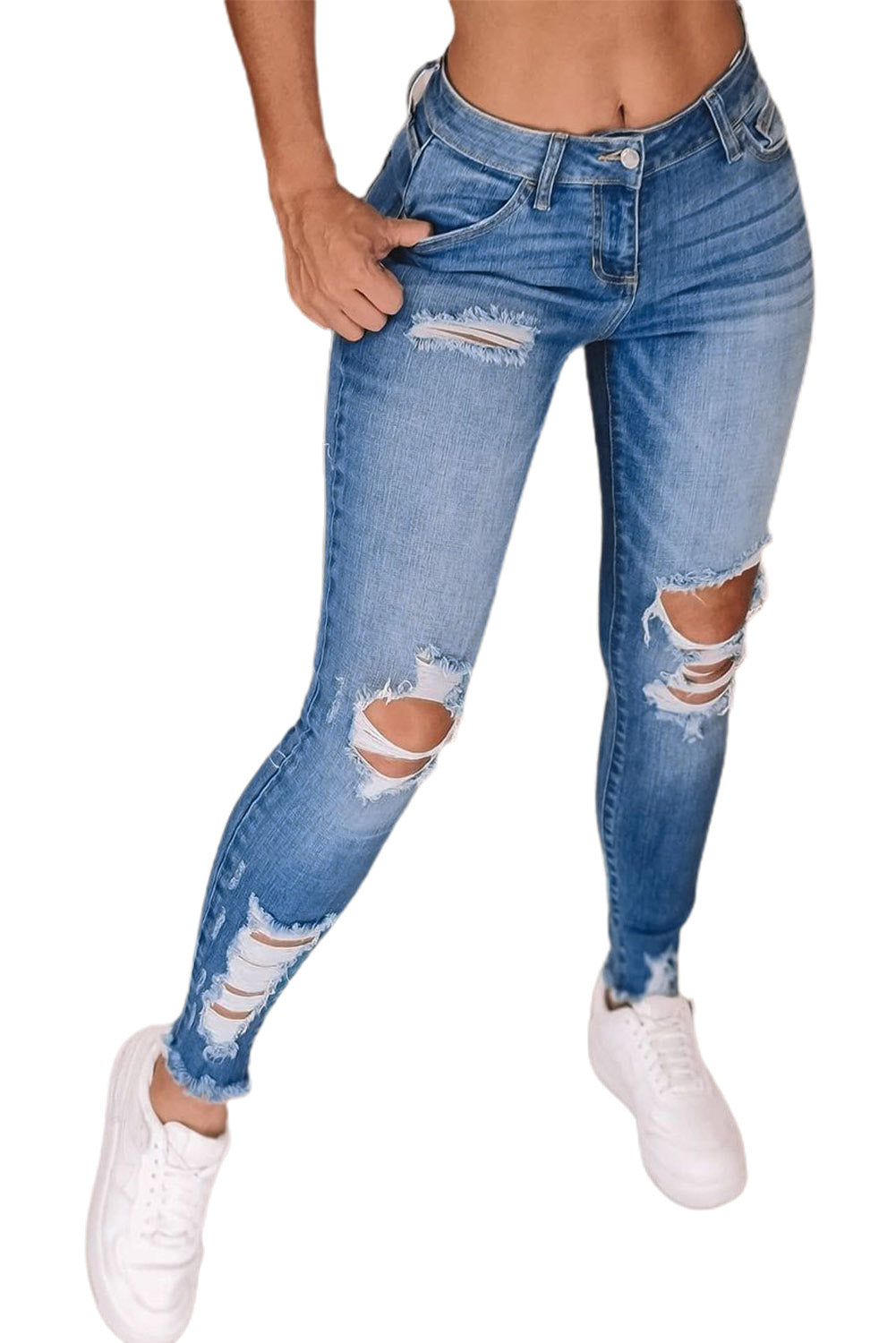 Light Blue High Waist Distressed Skinny Jeans-True and Wild