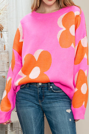 Pink & Orange 60s Floral Cable Knitted Sweater-True and Wild