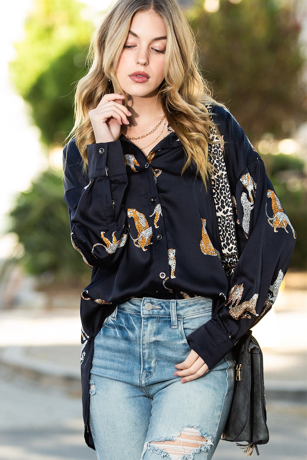 Black Animal Print Button Up Satin Shirt-True and Wild