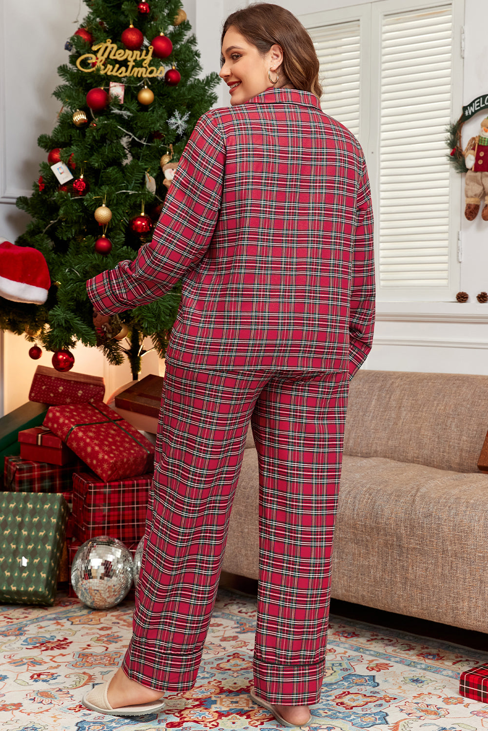 Red Plaid Print Shirt and Drawstring Pants Plus Size Pajama Set-True and Wild