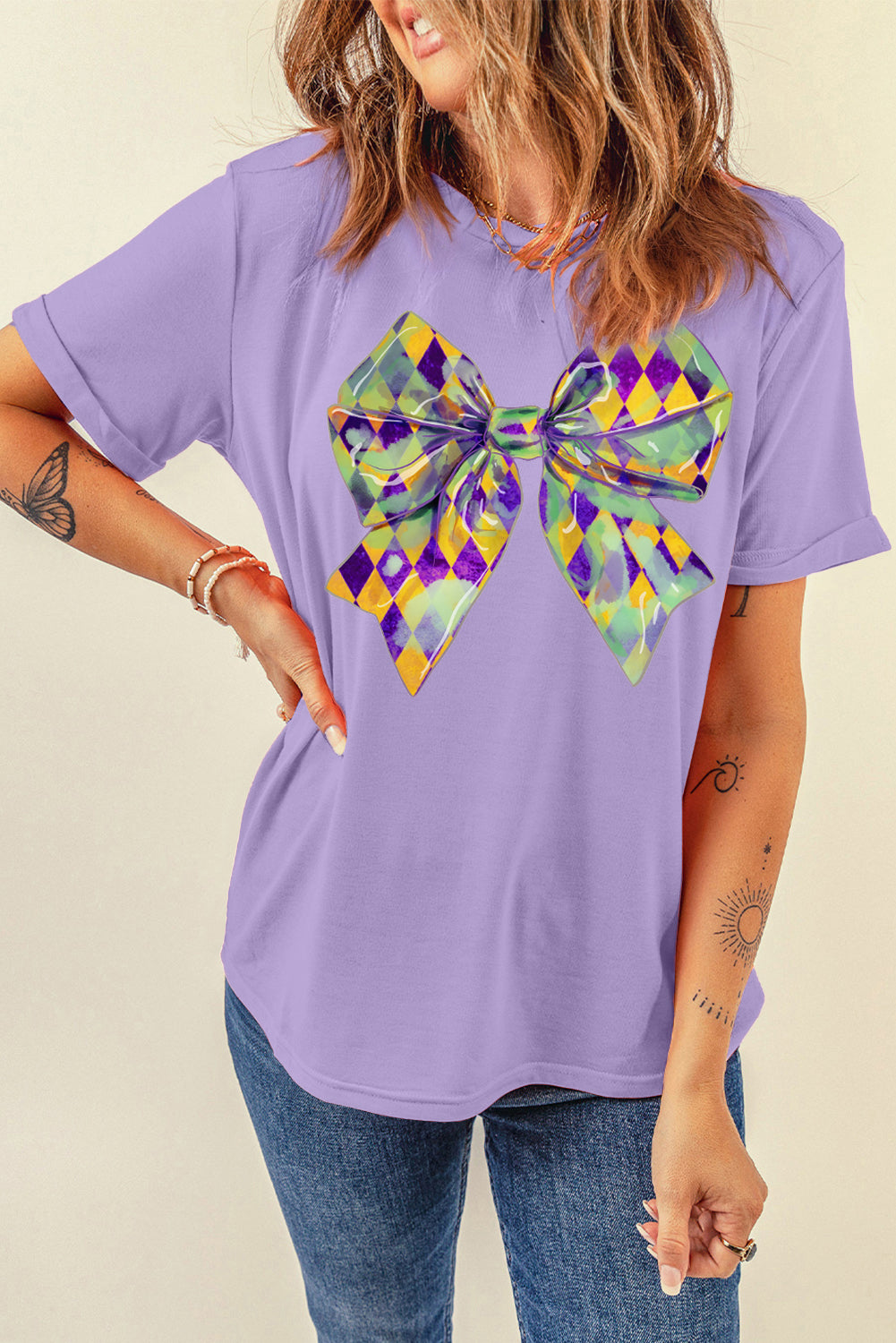 Wisteria Plaid Bow Mardi Gras Crewneck Tee