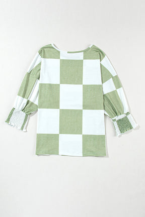 Grass Green Checkered Ruffle Smocked Cuffs Tee-True and Wild