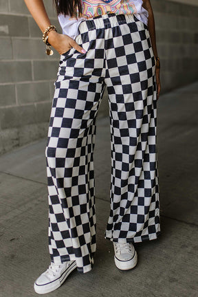 Black Checkered Print High Waist Wide Leg Pants-True and Wild