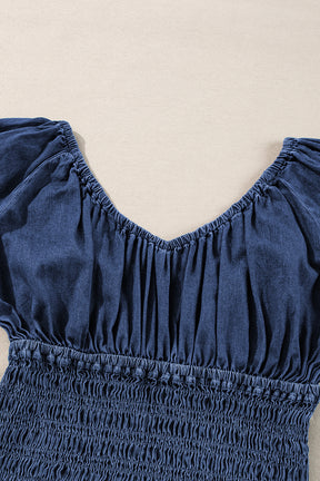 Dark Blue Smocked Ruffle Puff Sleeve V Neck Denim Top-True and Wild