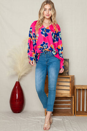 Rose Floral Print V Neck Puff Sleeve Blouse-True and Wild