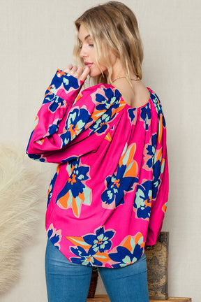 Rose Floral Print V Neck Puff Sleeve Blouse-True and Wild