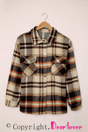 Jackets - Khaki Plaid Print Casual Button Up Pocket Shacket