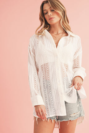 Beige Lace Crochet Collared Button Up Oversized Shirt-True and Wild