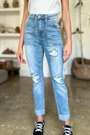 Judy Blue Full Size Distressed Straight Jeans with Patch Pockets-True and Wild