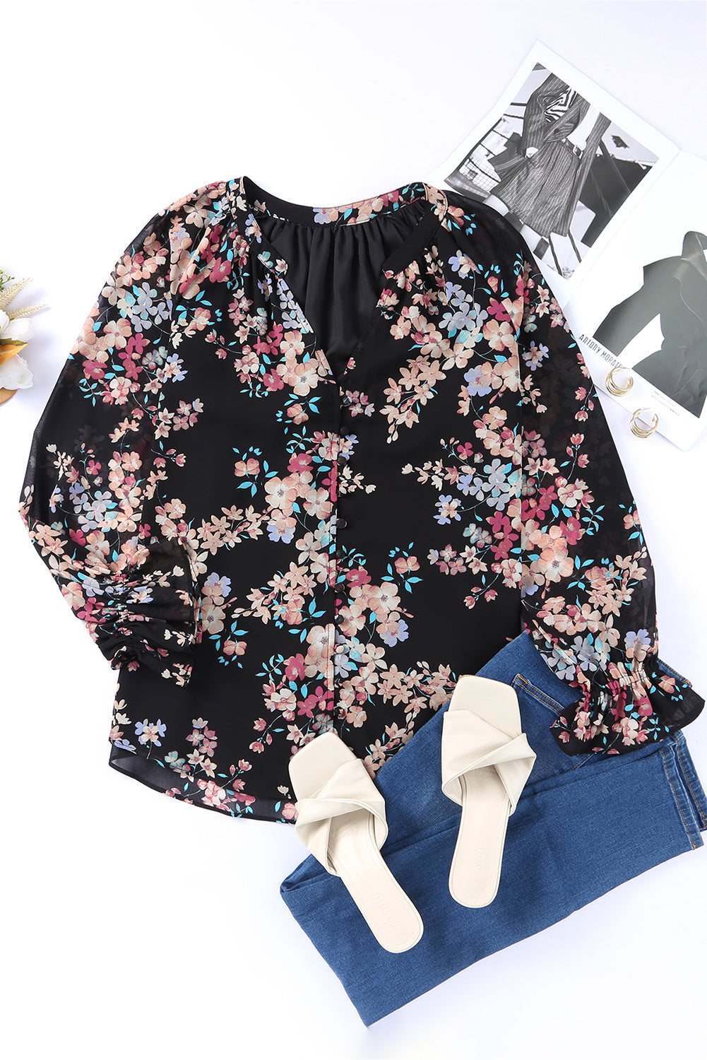 Black Floral Boho Chiffon Peasant Sleeve Blouse-True and Wild