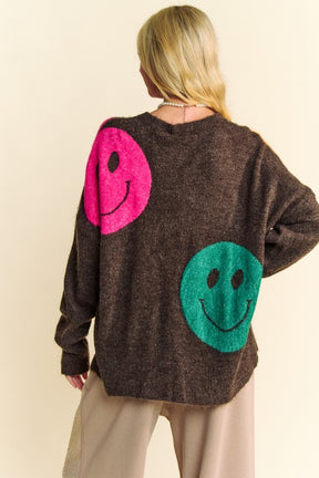 Davi & Dani Contrast Smile Round Neck Oversize Sweater-True and Wild