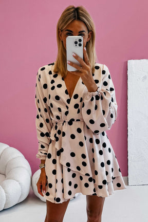 Beige Polka Dot Print Surplice V Neck Puff Sleeve Mini Dress-True and Wild