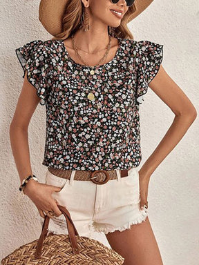 Ditsy Floral Round Neck Cap Sleeve Top-True and Wild