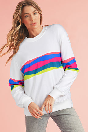 Green Colorful Striped Round Neck Long Sleeve Top