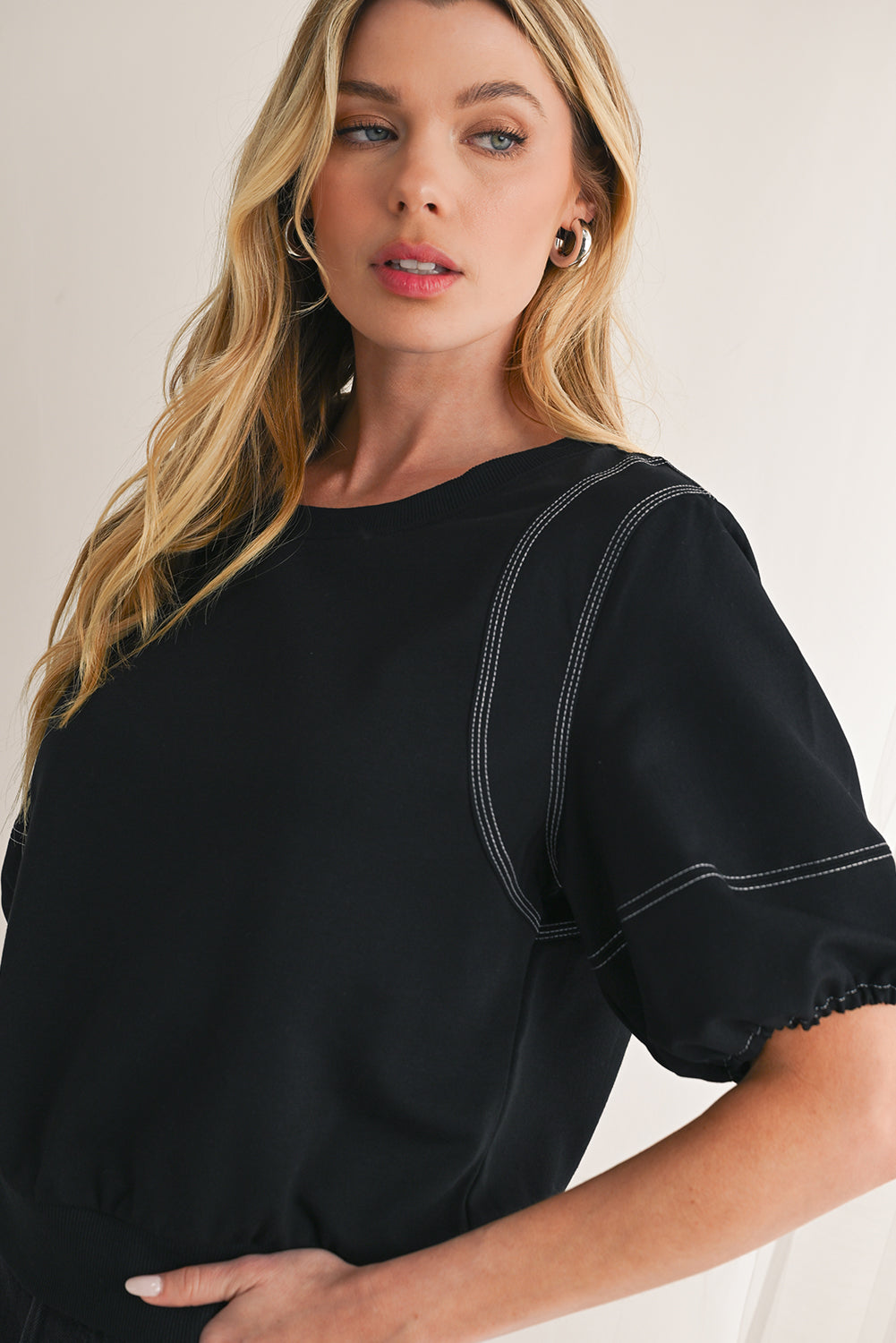 Black Half Puff Sleeve Round Neck Casual Blouse-True and Wild