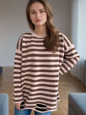 Distressed Striped Round Neck Long Sleeve Sweater