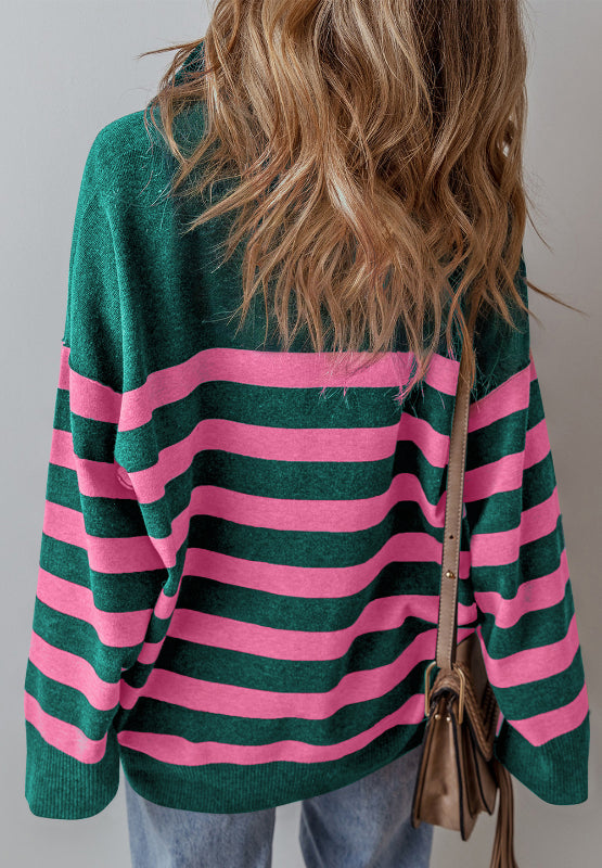 Contrast Striped Quarter Zip Long Sleeve Sweater-True and Wild