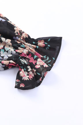 Black Floral Boho Chiffon Peasant Sleeve Blouse-True and Wild