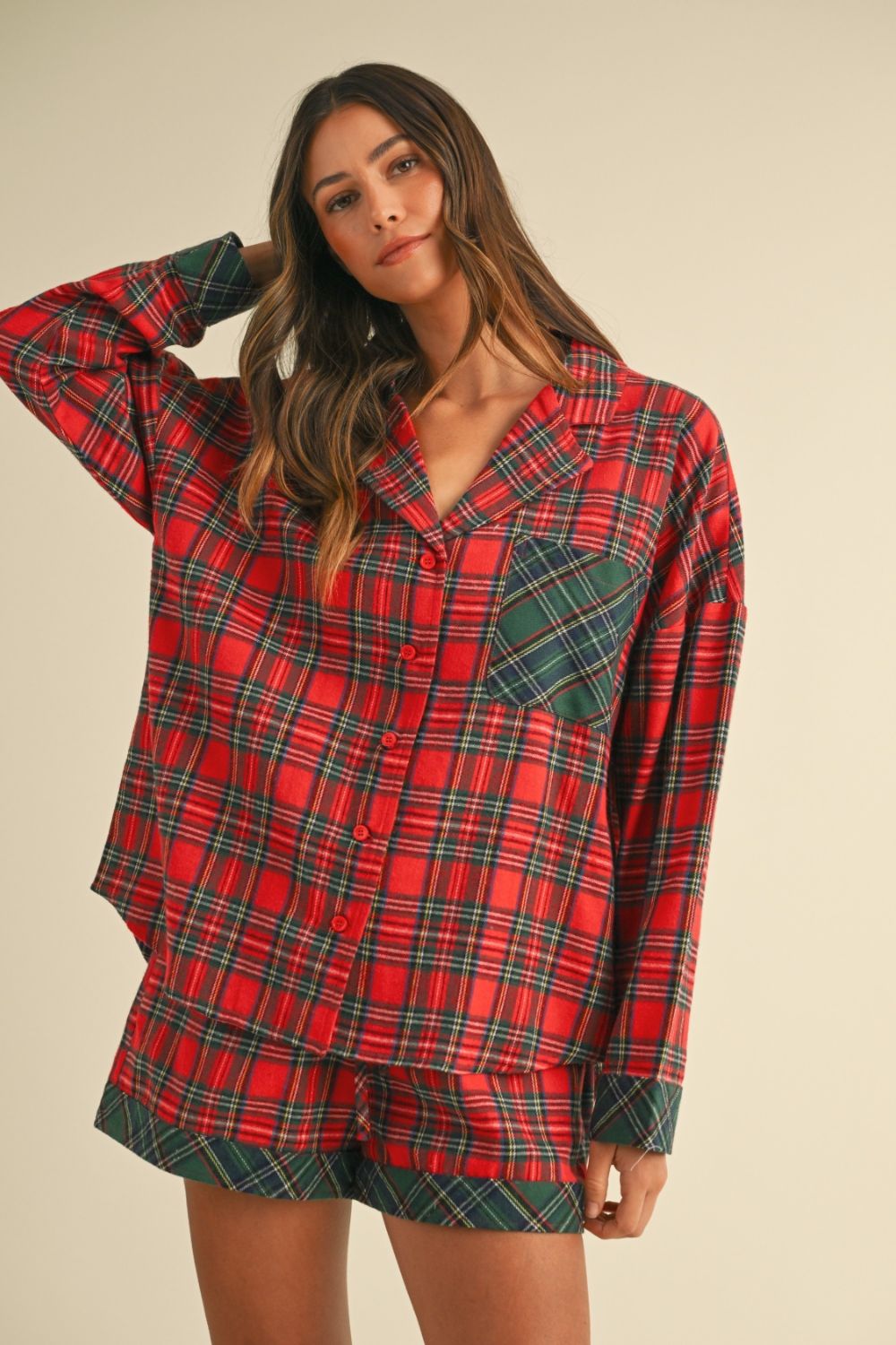 Annie Wear Contrast Plaid Long Sleeve Top and Shorts Set