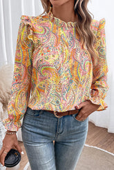 Yellow Paisley Print Ruffled Trim Button Up Boho Blouse