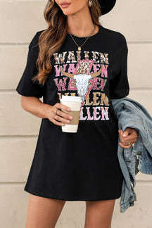 Black WALLEN Letter Print Animal Graphic Oversized Tee-True and Wild