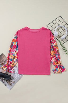 Sachet Pink Flower Patchwork Ribbed Knit Drop Shoulder Top