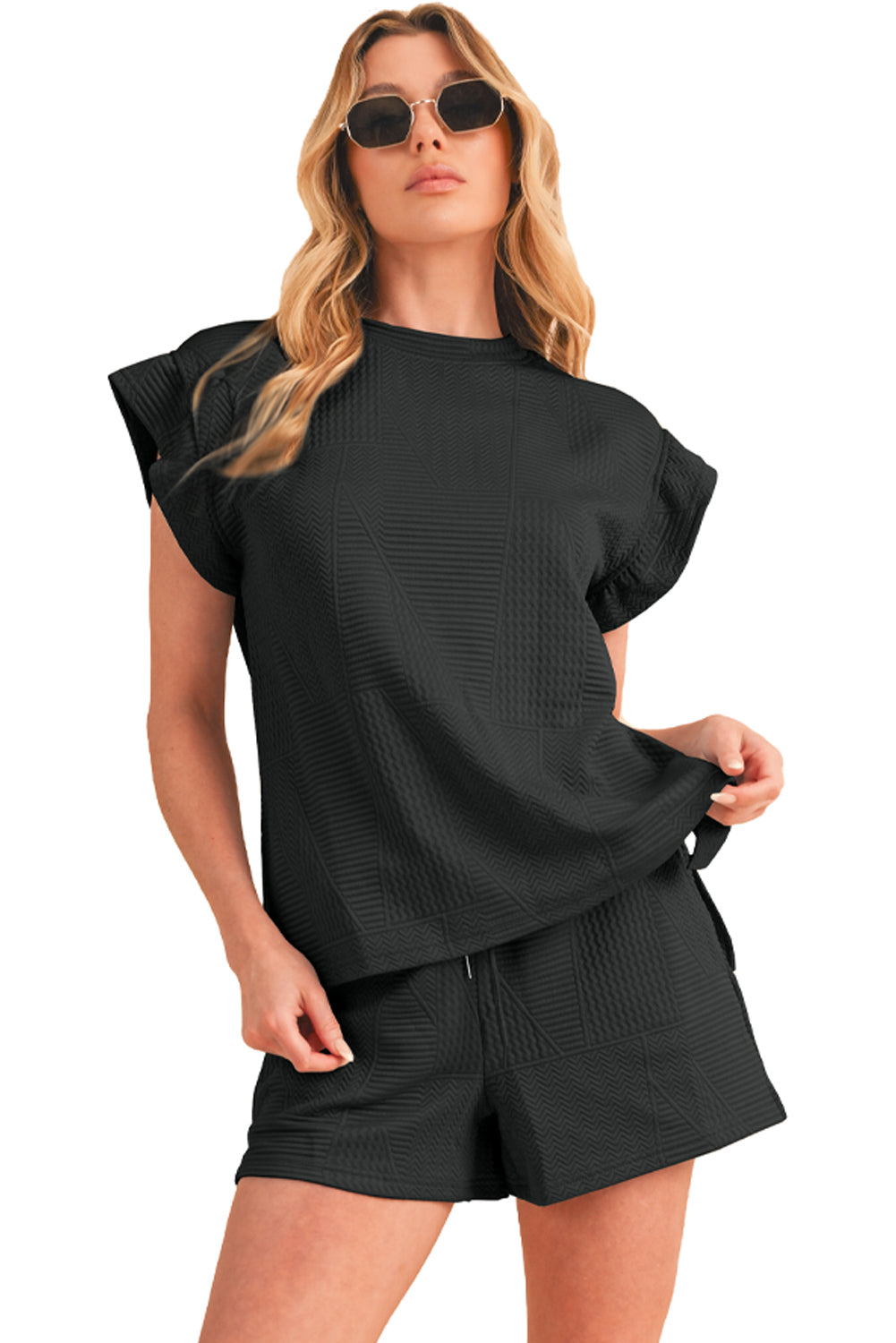 Black Textured Ruffle Split Top And Drawstring Shorts Set-True and Wild