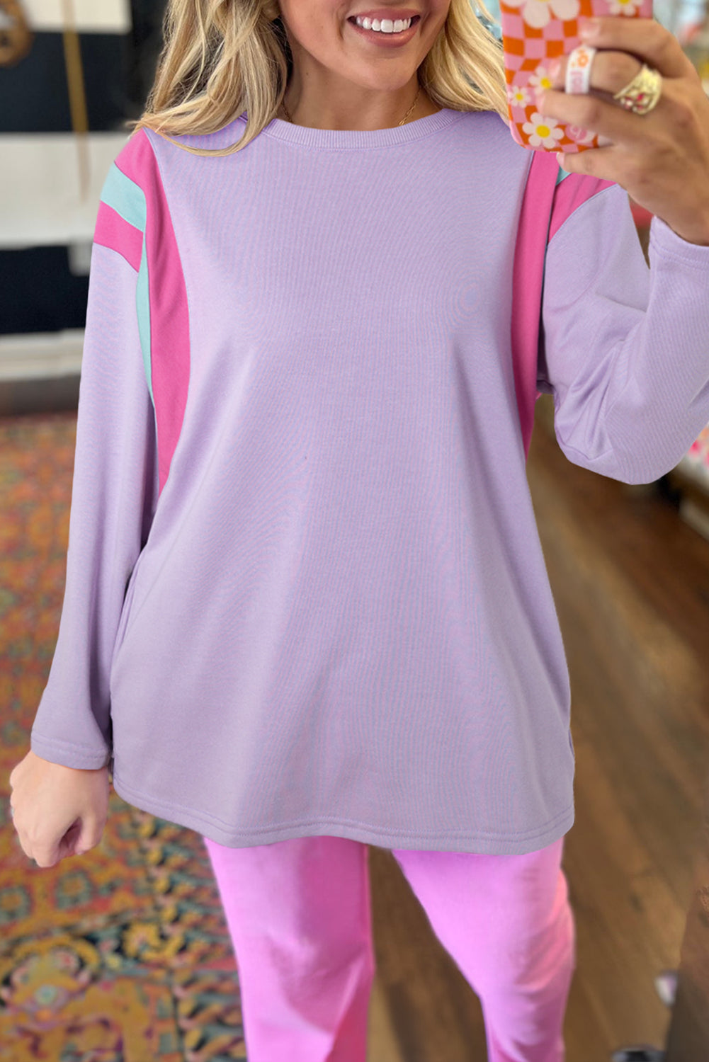 Long Sleeve Tops - Phalaenopsis Colorblock Patchwork Oversize Top