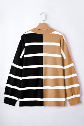 Light Beige Striped Colorblock Drop Shoulder Sweater-True and Wild