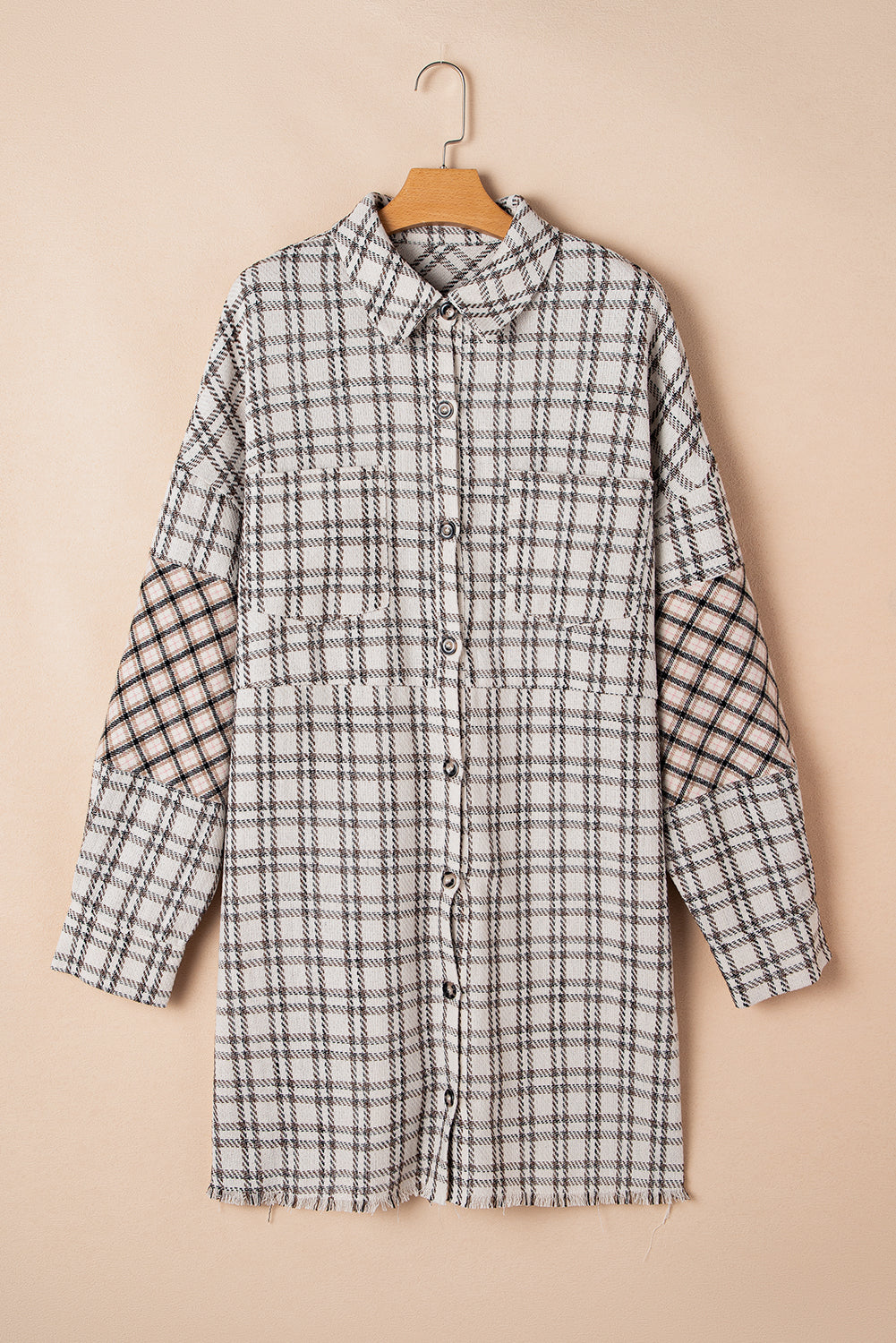 White Plaid Tunic Shirt Raw Hem Plus Size Dress