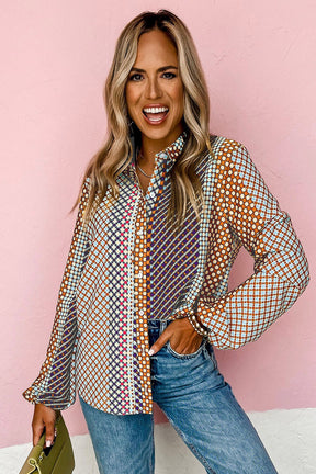 Brown Dot Print Long Sleeve Button Down Shift Shirt-True and Wild