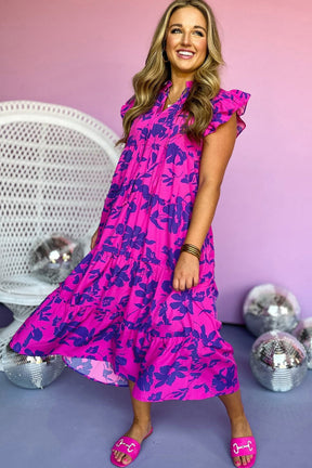 Rose Floral Print Tiered Flutter Sleeve Maxi Dress