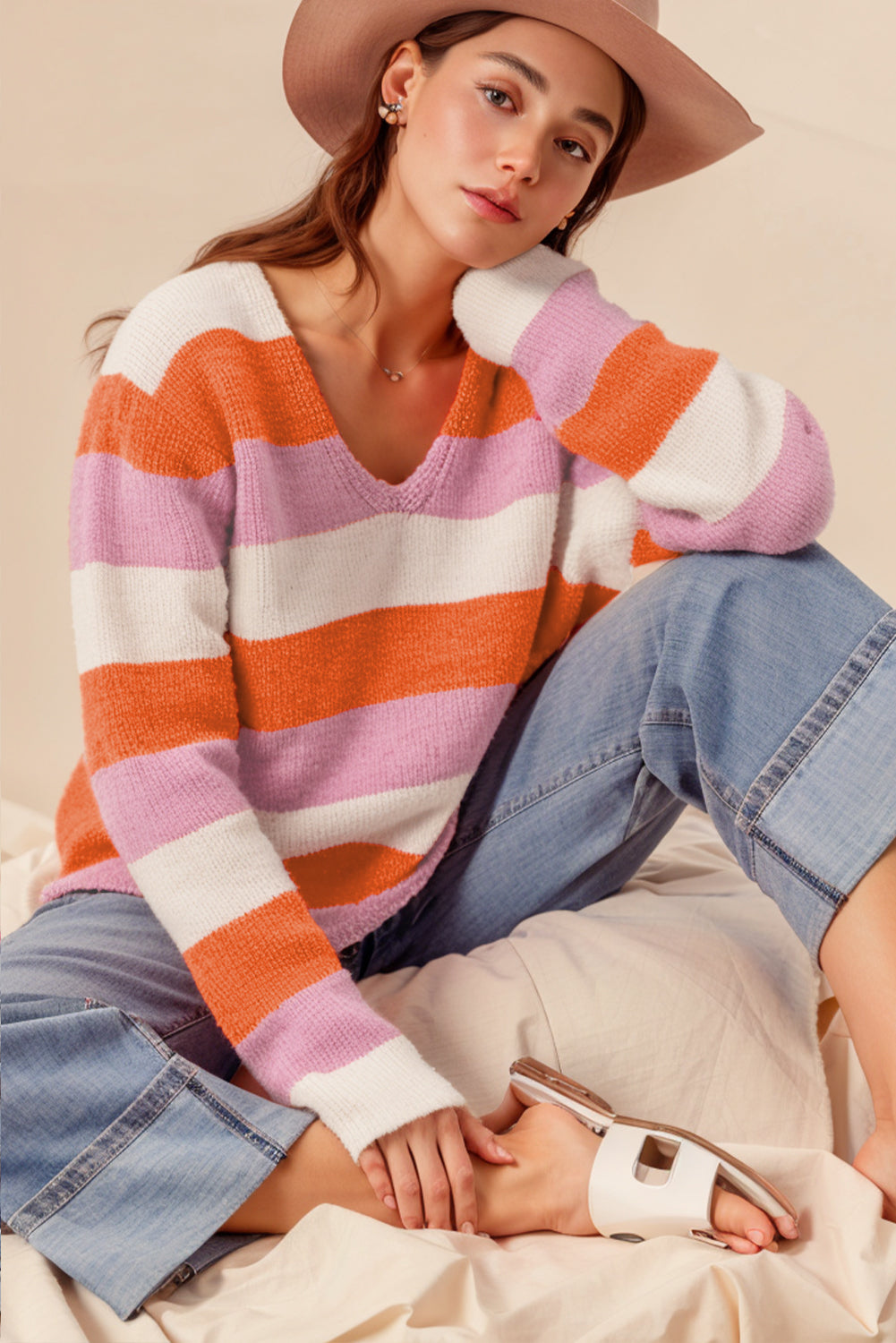 Orange Casual Stripe V Neck Side Slit Sweater-True and Wild