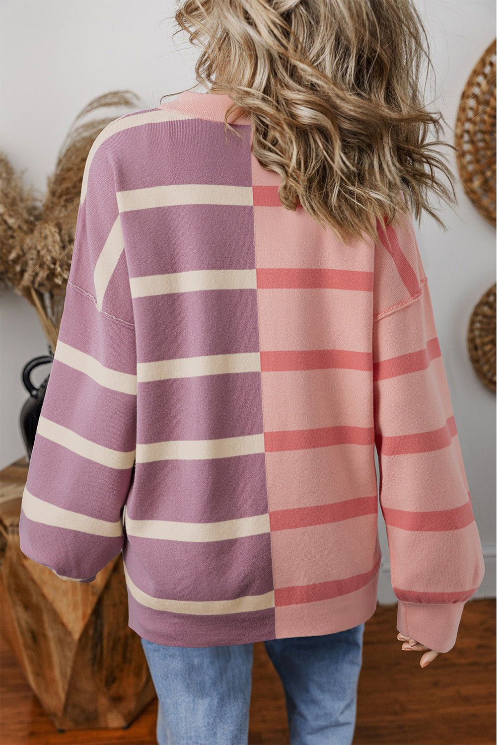 Light Beige Striped Colorblock Drop Shoulder Sweater-True and Wild