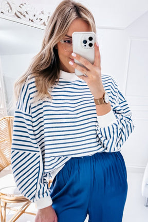 Blue Stripe Drop Shoulder Crew Neck Loose Sweatshirt-True and Wild