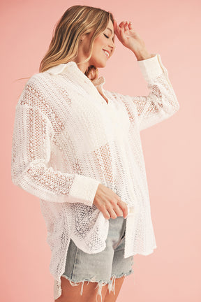 Beige Lace Crochet Collared Button Up Oversized Shirt-True and Wild