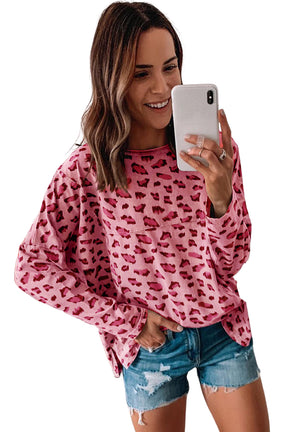 Brown Leopard Stitching Loose Long Sleeve Top-True and Wild