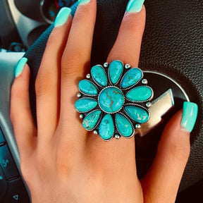 Artificial Turquoise Alloy Flower Ring-True and Wild