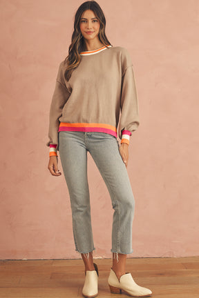 Parchment Striped Trim Drop Shoulder Sweater-True and Wild