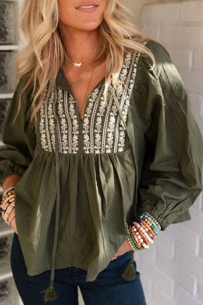 Green Embroidered Split Neck Pleated Loose Blouse-True and Wild