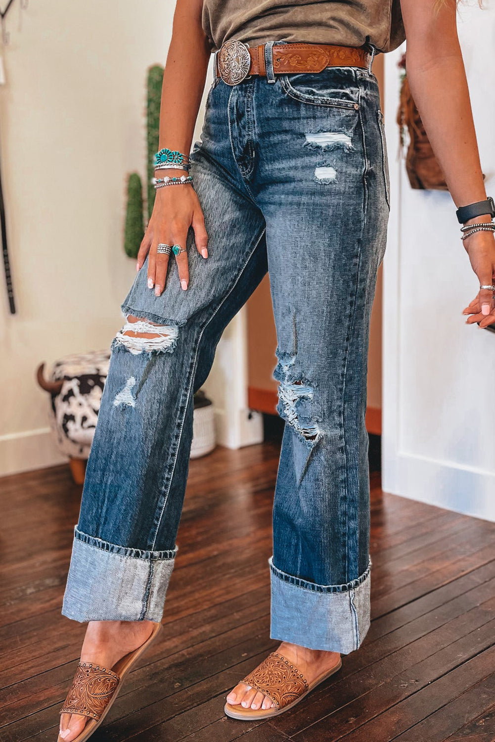 Dusk Blue Mineral Washed High Rise Ripped Jeans-True and Wild