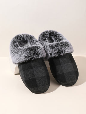 Plaid Furry Round Toe Flat Slippers-True and Wild