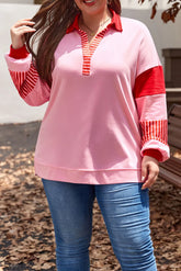 Plus Size Color Block Johnny Collar Long Sleeve Sweatshirt-True and Wild