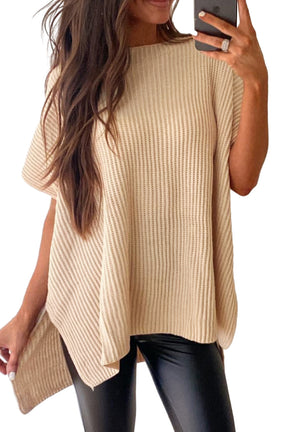 Haze Blue Side Slit Short Sleeve Oversized Sweater-True and Wild