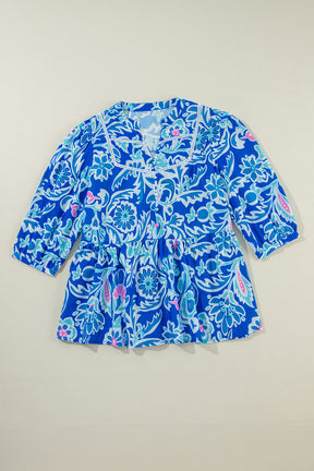 Blue Boho Floral Print V Neck Peplum Blouse-True and Wild