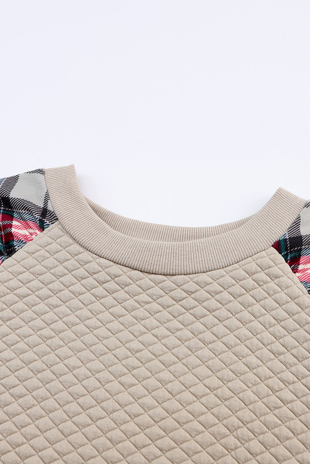 Brown Plaid Print Waffle Quilted Raglan Sleeve Sweatshirt-True and Wild